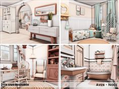 four different views of a living room with furniture and decor in pastel tones,