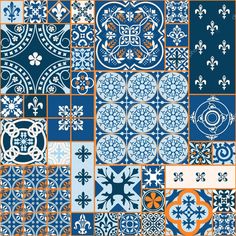 blue and orange tiles with different designs on them - decorative objects clippings / patterns