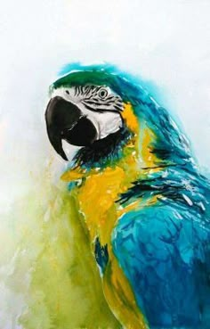 a painting of a blue and yellow parrot