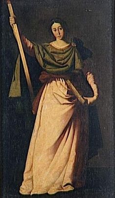 an old painting of a woman holding a staff