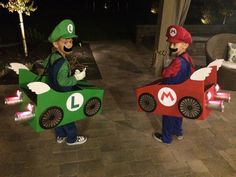 two children dressed up as mario and luigi from mario kart in front of a house