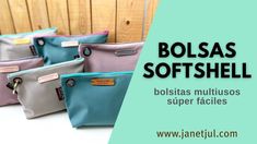 four different colored bags sitting next to each other on a white table with text that reads bolsas softshell