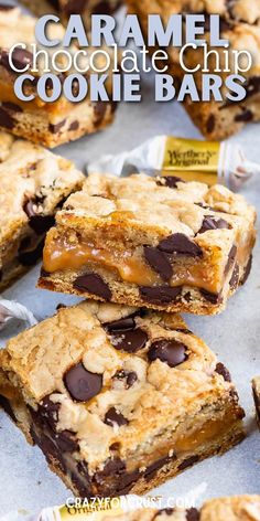 caramel chocolate chip cookie bars stacked on top of each other with text overlay