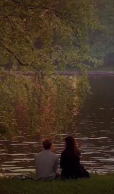 two people are sitting on the grass by the water looking out at the trees in the distance