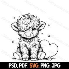 a black and white drawing of a baby cow sitting next to a heart