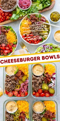 several bowls filled with different types of food on top of each other and the words cheeseburger bowls above them