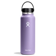 a purple hydro flask bottle with a black lid and white logo on the side