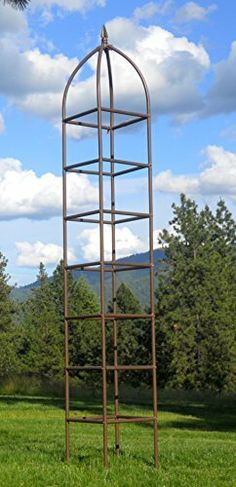 a tall metal structure sitting on top of a lush green field