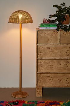 a lamp sitting on top of a wooden dresser next to a potted plant in a vase