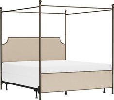 an iron bed frame with white sheets and pillows on the bottom, against a white background