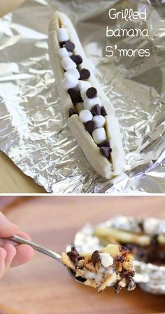 a banana with marshmallows and chocolate chips in it on aluminum foil,