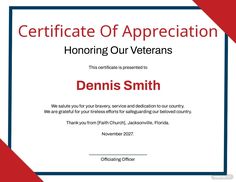 certificate of appreciation for honing our veterans with red, white and blue diagonal stripes