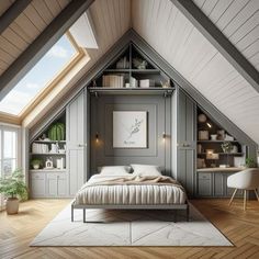 an attic bedroom with wooden floors and gray walls