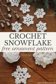 the words crochet snowflake over several handmade white crocheted snowflakes Simple Snowflake Patterns, Free Crochet Snowflake Patterns, Homemade Christmas Tree, Crochet Christmas Ornaments Free, Crochet Snowflake, Crochet Ornament Patterns, Crochet Tree, Simple Snowflake, Crochet Snowflake Pattern