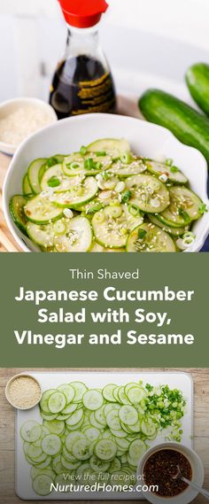 sliced cucumbers in a bowl with seasoning next to them