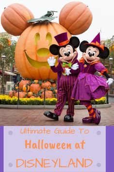 two mickey mouses standing in front of a pumpkin with the words top things to experience at disneyland this halloween