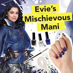 a woman with blue nail polish and manicures in front of an advertisement for cosmetics