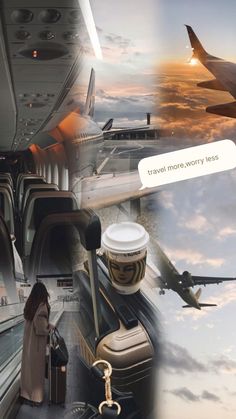 collage of images with people and planes in the sky, including an airplane carrying luggage