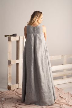 Linen Maxi Dress, Loose Dress, Pocket Dress ❥ Sleeveless maxi dress with loose fit that flatters every body type. Featuring back button closure and front gather detail. The dress from the photos is gray. Available are multiple colors including light gray which is different from the dress on the photos. ❥ Enjoy the effortless fit and the feminine sense when wearing our creations! Every piece by NikkaPlace is made with lots of love and attention to detail! ❥ MATERIALS AND CARE Linen Hand or machin Linen Kaftan Dress, Maxi Dress Linen, Linen Kaftan, Loose Maxi Dress, Summer Linen Dresses, Linen Clothing, Linen Shirt Dress, Dress Linen, Oversized Dress