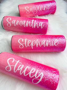 three pink lipstick tubes with the words stephanie, stephanie, and stepane written on them