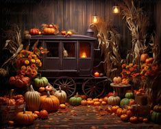 an old fashioned wagon with pumpkins and gourds