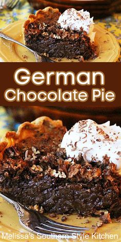 german chocolate pie with whipped cream on top and pecans in the middle, sitting on a yellow plate