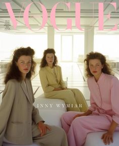 three women sitting on white couches in front of a magazine cover with the word'vogue '