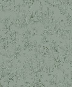 a drawing of rabbits and flowers on a green background