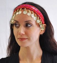 Headband - Red with Gold Coins by Belly Dance Costuming on Bellydance.com Adjustable Hair Accessories For Festivals, Adjustable Festival Headband, Adjustable Costume Accessories For Summer Festival, Adjustable Wedding Headband Costume Accessory, Bohemian Headband For Festivals, Adjustable Festival Headpieces For Parties, Adjustable Headpieces For Festival Party, Traditional Headband For Party, Bohemian Festival Headband