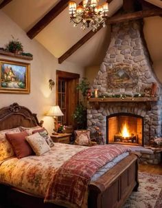 a bedroom with a stone fireplace in the center and wooden furniture on both sides,