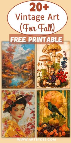 four pictures with the words, vintage art for fall free printables on them