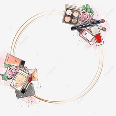 cosmetics and makeup products arranged in the shape of a circle on a watercolor background