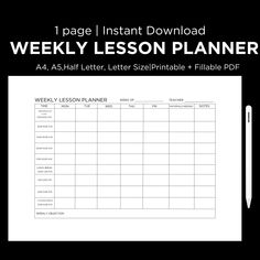 the weekly lesson planner is shown in black and white with a pen next to it