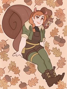 a woman sitting on top of a pile of leaves next to a squirrel and acorn