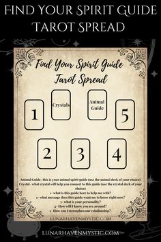 a tarot spread with the text find your spirit guide tarot spread on it