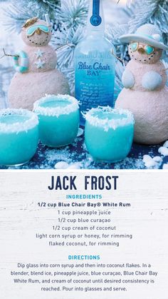 a menu for jack frost's blue - white rum cocktails with snowman figures