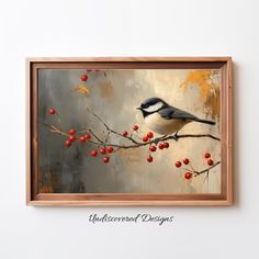 a painting of a bird on a branch with berries