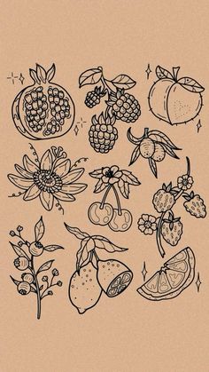 a drawing of fruits and flowers on a piece of paper