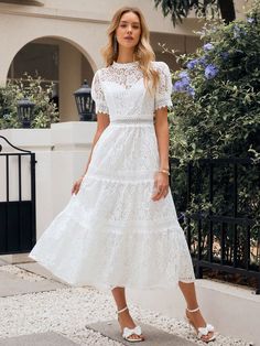 Women Summer Elegant A-Line Puff Sleeve Lace Dress White Elegant  Short Sleeve Lace Plain A Line Non-Stretch  Women Clothing, size features are:Bust: ,Length: ,Sleeve Length: Dress White Elegant, Lace Dress White, Sleeve Lace Dress, Summer Elegant, Lace Dress With Sleeves, Little White Dresses, Women Long Dresses, Lace White Dress, Kids Beachwear