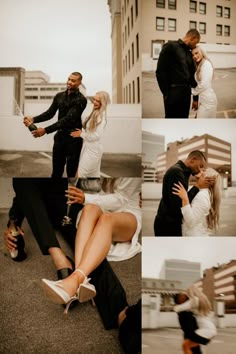 a man and woman are posing for pictures together in front of a building with their feet on the ground