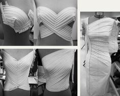 four different views of a white dress on mannequins, with the back cut off