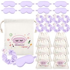 the sleepover bag is filled with purple eye masks and lavender scrunffles