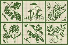 four cross stitch patterns with flowers and leaves