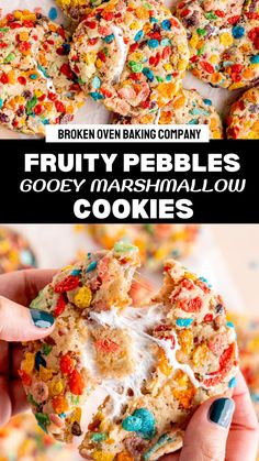 a person holding up a cookie with sprinkles on it and the words fruity pebbles gooey marshmallow cookies