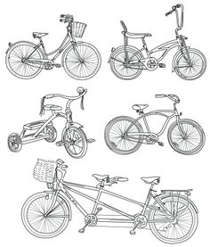 four different types of bicycles are shown in black and white, with one bicycle on the front