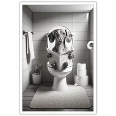 a black and white photo of a dog sitting on a toilet reading a book in the bathroom