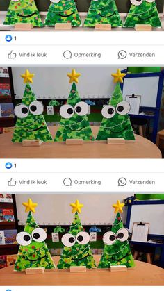 two pictures of christmas trees with eyes and stars on them, one is made out of paper