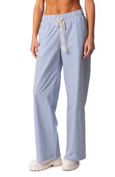 EDIKTED Stripe Wide Leg Drawstring Cotton Pants | Nordstrom Striped Linen Pants, Summer Lounge, Pant Trends, Pinstripe Pants, Printed Wide Leg Pants, Summer Pants, Pants Casual, Printed Pants, Striped Linen