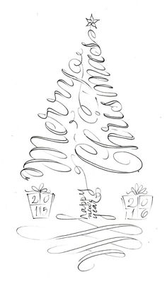 a drawing of a christmas tree with presents under it