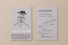 two business cards with an image of a man in a hat and glasses on them